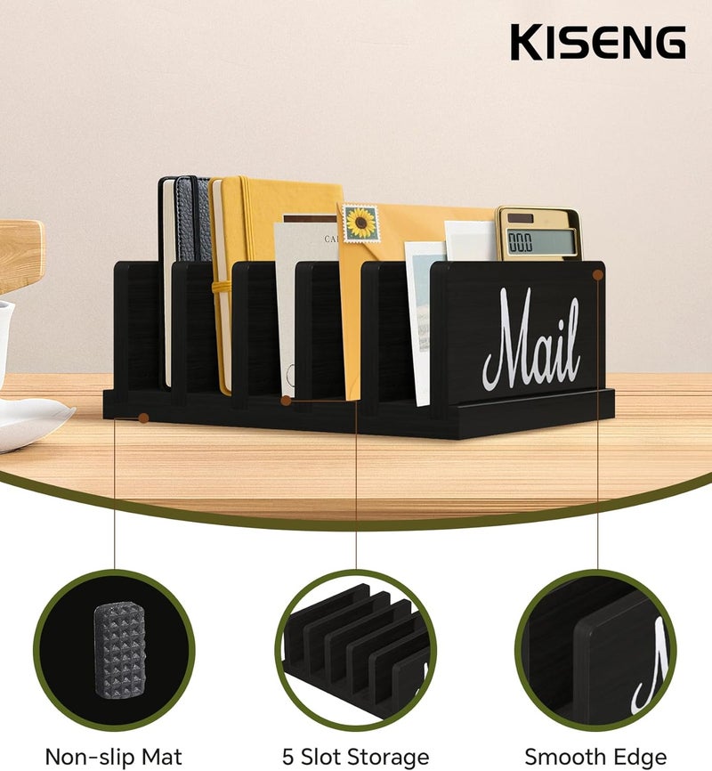 KISENG Mail Organizer for Desk,Wooden Mail Holder with Divider, 5-Slot Letter Sorter File Holder,Vertical Bill Organizer for Desktop Document/Notebook/Filing/Folders/Paper - Image 3